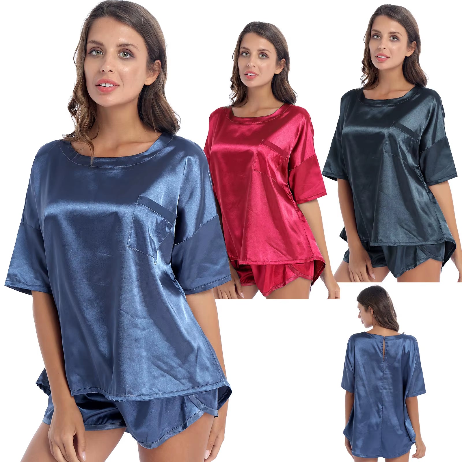 Casual Women Nightie 2Pcs Satin Pajamas Sets Summer Solid Color Pocket Tops with Shorts Sleep Bottoms Sleepwear Lounge Nightwear - Tiaki Apparel