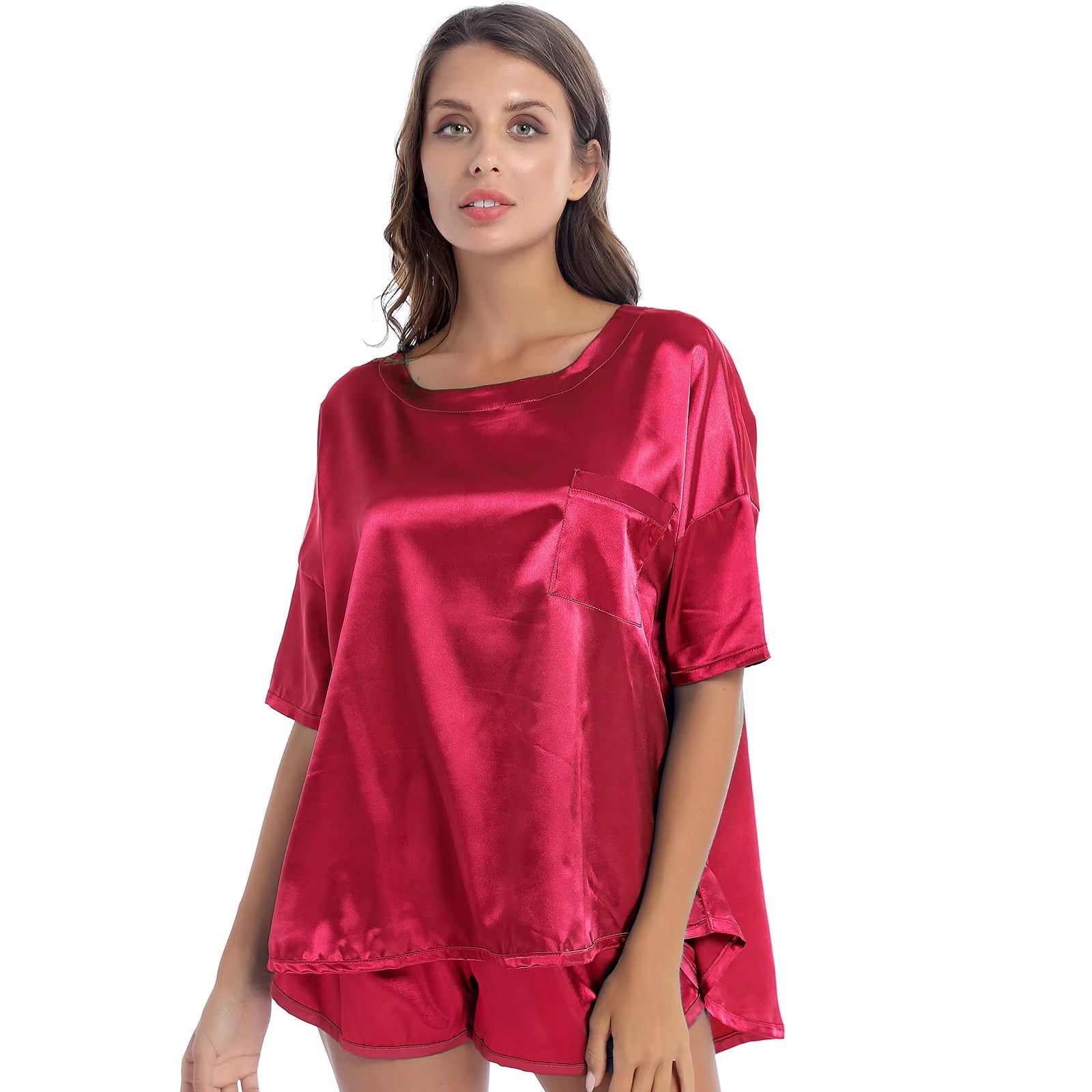 Casual Women Nightie 2Pcs Satin Pajamas Sets Summer Solid Color Pocket Tops with Shorts Sleep Bottoms Sleepwear Lounge Nightwear - Tiaki Apparel