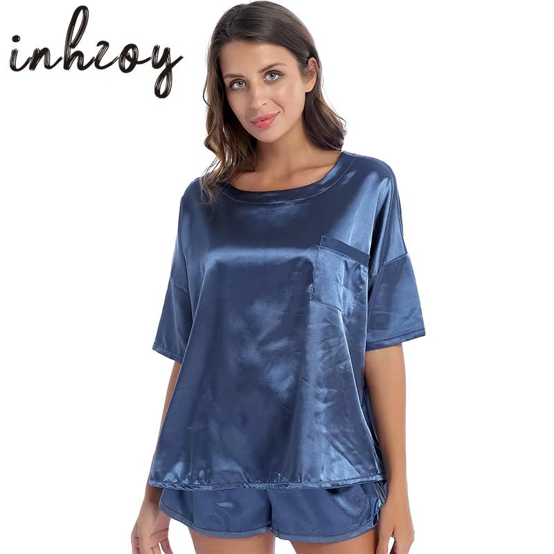 Casual Women Nightie 2Pcs Satin Pajamas Sets Summer Solid Color Pocket Tops with Shorts Sleep Bottoms Sleepwear Lounge Nightwear - Tiaki Apparel