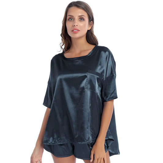 Casual Women Nightie 2Pcs Satin Pajamas Sets Summer Solid Color Pocket Tops with Shorts Sleep Bottoms Sleepwear Lounge Nightwear - Tiaki Apparel