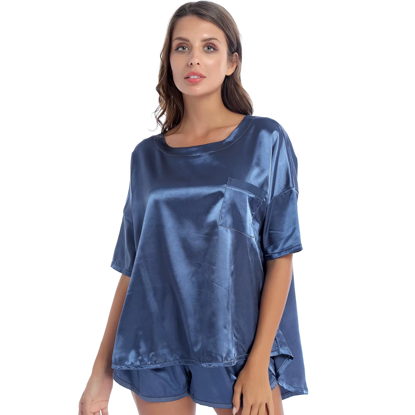 Casual Women Nightie 2Pcs Satin Pajamas Sets Summer Solid Color Pocket Tops with Shorts Sleep Bottoms Sleepwear Lounge Nightwear - Tiaki Apparel